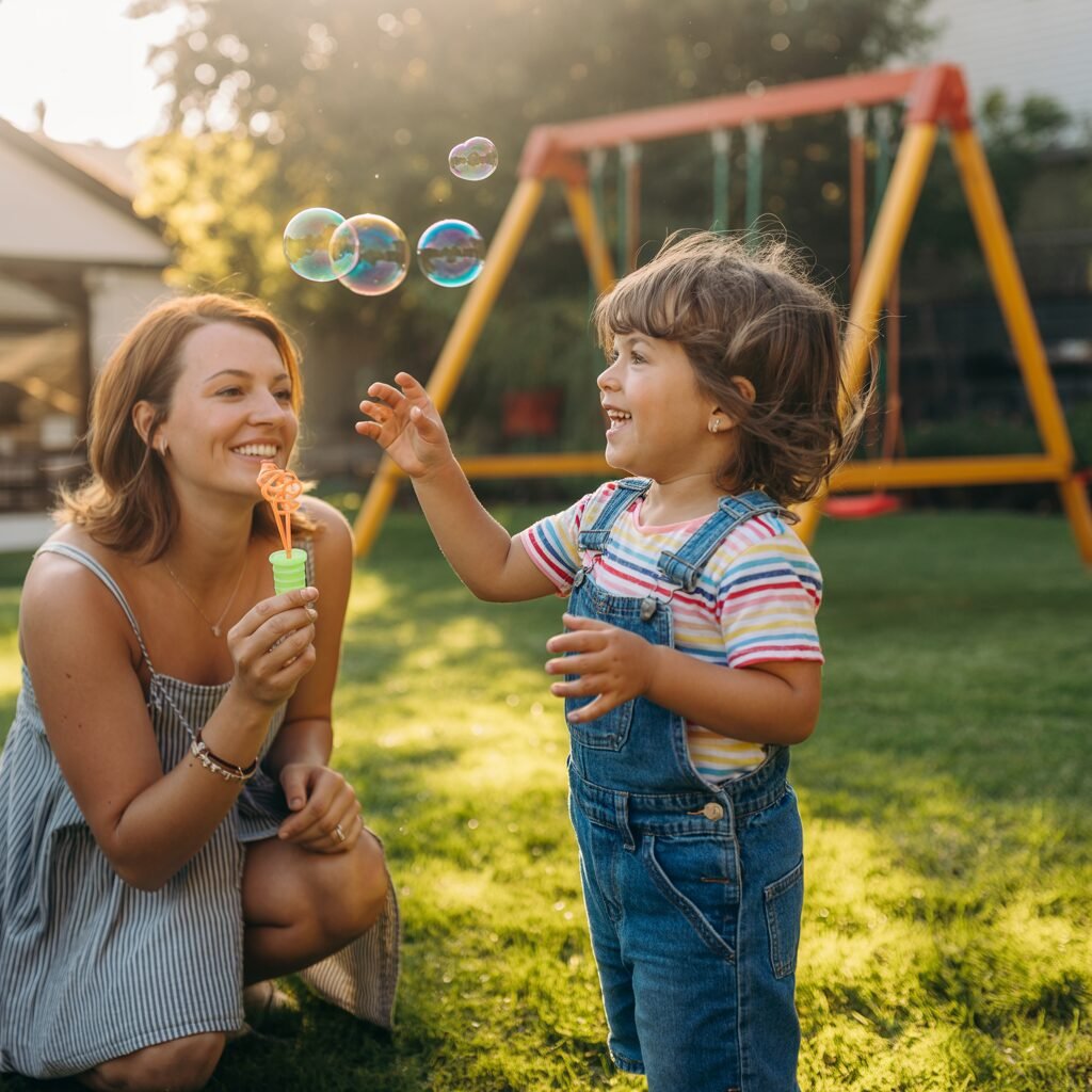 Smiling woman kneels on the grass blowing bubbles for a laughing young girl in a sunny backyard with a swing set nearby.