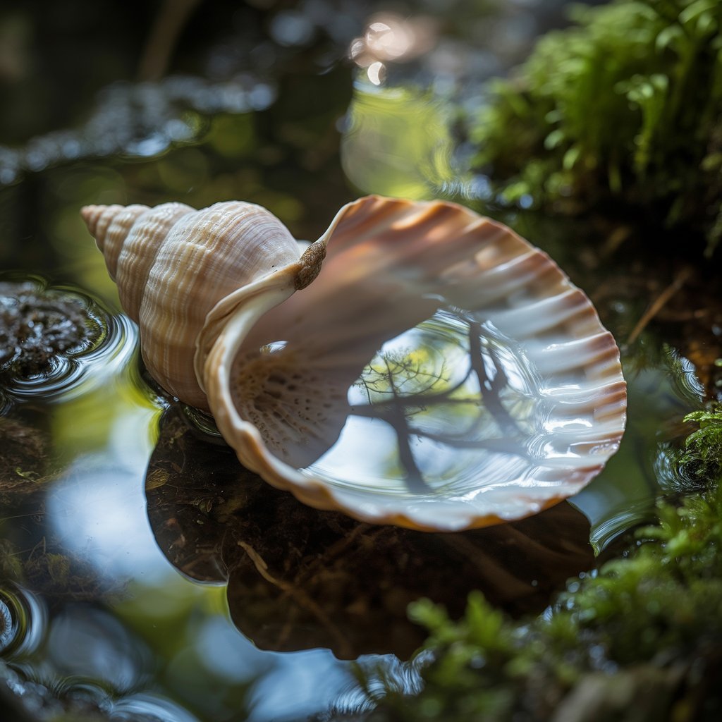 Spiral seashell resting in a shallow pool, reflecting the surrounding trees and sky.