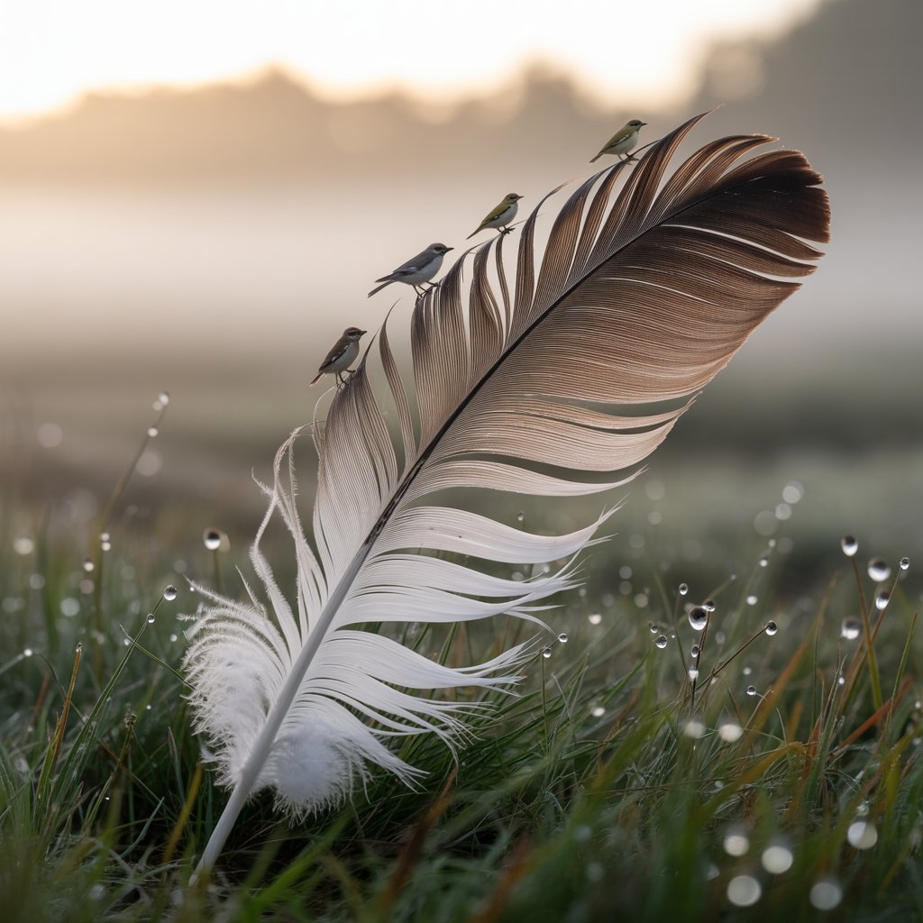 A white feather resting on dew-covered grass at sunrise with four small birds perched along its spine to the rightecent light.