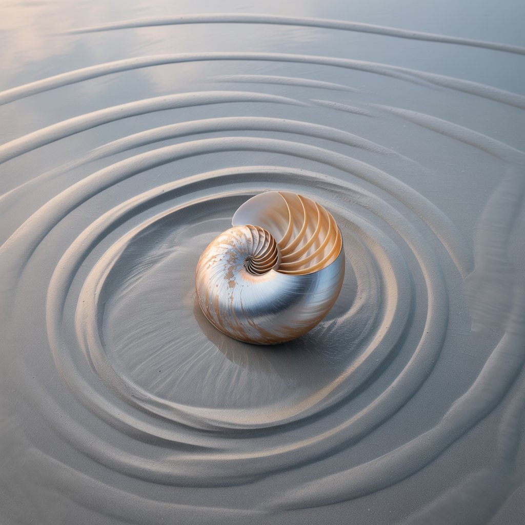 Nautilus shell resting in smooth, rippled sand with concentric circles around it.