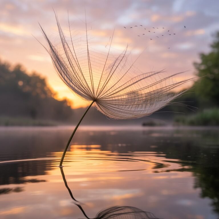 Close-up of a single dandelion seed resting on calm water at sunset, with a soft orange-pink sky and distant trees.
